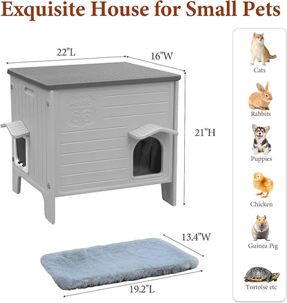 Cat House Outdoor with Cat Mat Weatherpoof Plastic Cats Houses with Escape Door Indoor Waterproof Feral/Pet Cat Shelter Outside for Puppy, Rabbit(Grey)