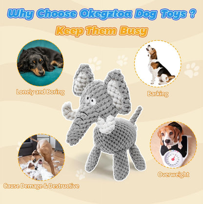 4-Pack Squeaky Dog Toys Set Plush Dog Toy with Rope for Small Medium Dogs Bundle Dog Chew Toys; Giraffe, Elephant, Cow and Dinosaur Interactive Dog Toy Stuffed Animals Toys to Keep Them Busy