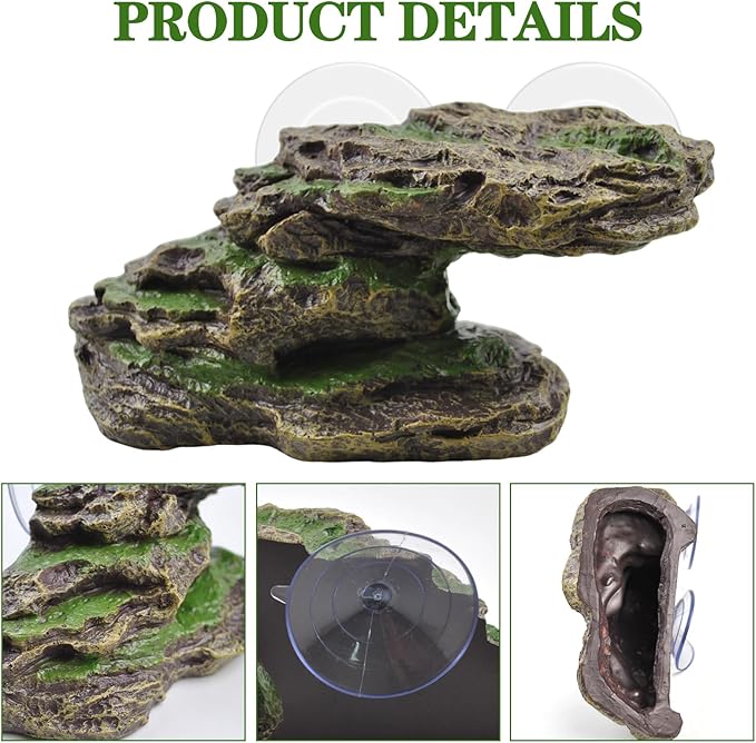 PINVNBY Turtle Basking Platform with 2 Pcs Suction Cups,Resin Floating Dock for Turtles,Tortoise Climbing Ramp Shale - Ideal for Aquatic Turtles,Stable & Durable,Easy to Install(Green Brown)