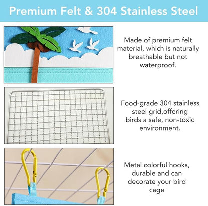 Felt Bird Bed for Cage with 304 Stainless Steel Grid - Large Size (9.4"x6.3"x8.3") - Hanging Hammock Swing Bird Tents for Parakeets, Budgies, Conures -Seaside