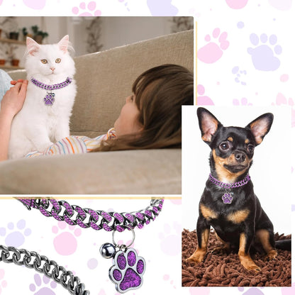 Hillban Cat Collar Diamond Chain Glitter Collar Walking Metal with Secure Buckle Cat Pet Necklace with Paw Charm and ID Tag Bell Link Cuban Jewelry Accessories(10 Inch,Steel Black, Purple)