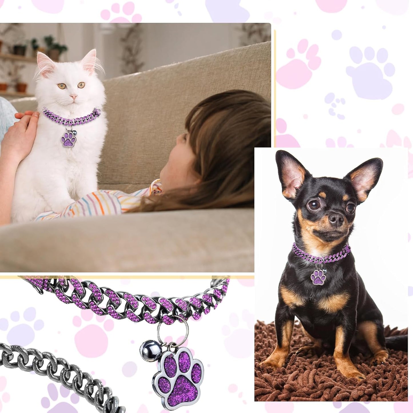 Hillban Cat Collar Diamond Chain Glitter Collar Walking Metal with Secure Buckle Cat Pet Necklace with Paw Charm and ID Tag Bell Link Cuban Jewelry Accessories(8 Inch,Steel Black, Purple)
