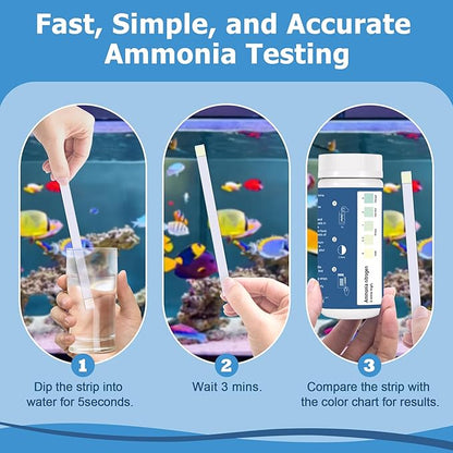 Ammonia Test Strips for Fish Tank: 100 Count Aquarium Ammonia Test Strips for Saltwater & Freshwater Aquariums & Ponds – Ammonia Test Kit with Test Tube Thermometer Stick