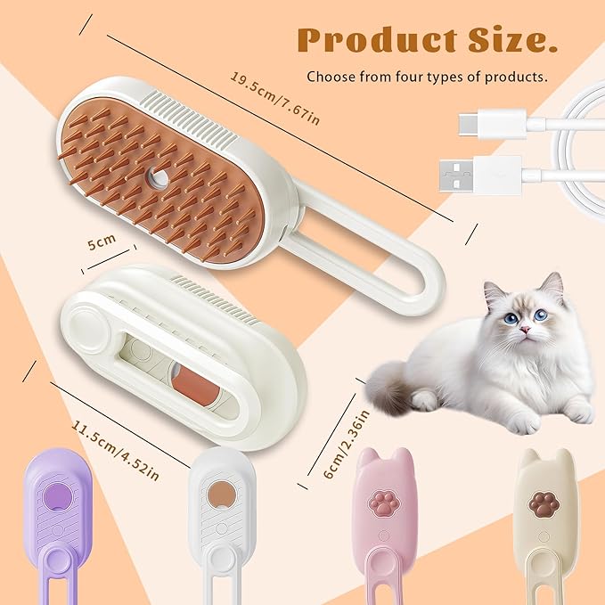 Cat Brush Cat Steam Brush Rechargeable Steamy Pet Grooming For Shedding, Water Spray Massage Brushs, Dog Hair Removal Self Cleaning Brushs Steamer Wet Spa Comb (White)