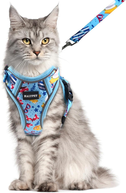 Halypet Cat Harness and Leash Set for Walking, Escape Proof Adjustable Vest Harness with 3-in-1 Integrated Buckles, Easy Control Soft Breathable Mesh with Reflective Strips for Cats, M,Azure Blue