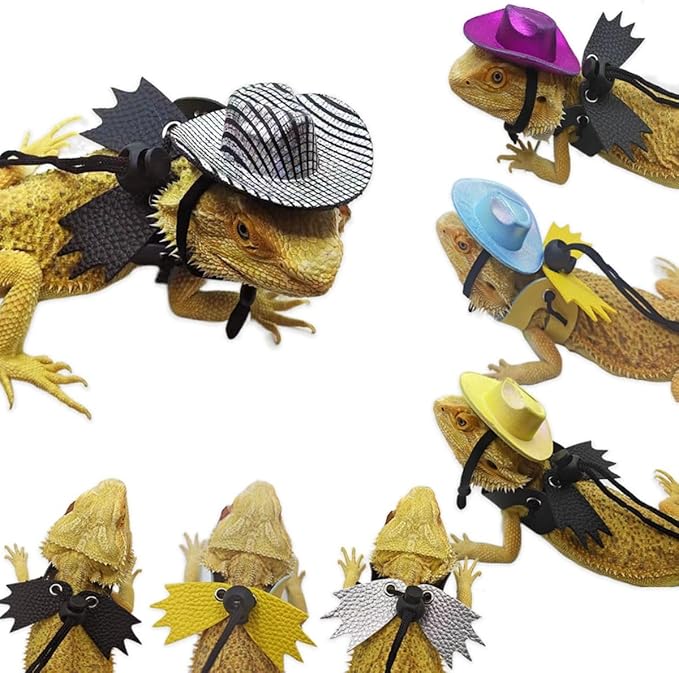 Adjustable Bearded Dragon Leash Harness with Hat Set,3 Size Pack Leather Wings Safty Walking Leash for Bearded Dragon Lizard Reptiles (Blue Hat and Yellow Harness Set)