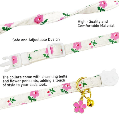 2 Pack Cotton Breakaway Cat Collars Set with Bell and Flower Pendant, Cute Floral Fruit Patterned, Adjustable 7.5-11Inch, Include A Mouse Toy Gift (Heart Cherry)