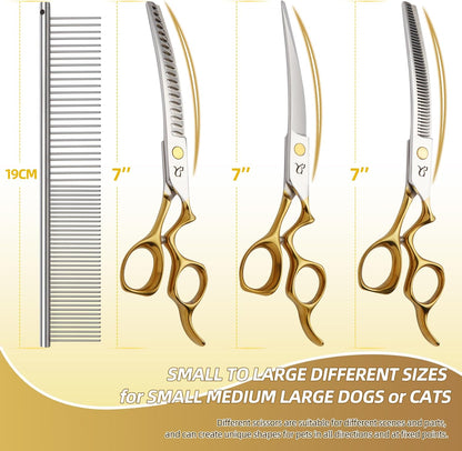 Dog Grooming Scissors,Curved Chunkers Shears Deg Grooming with Safety Round Tips, Sharp and Comfortable 4 in 1 Dog Scissers for Grooming