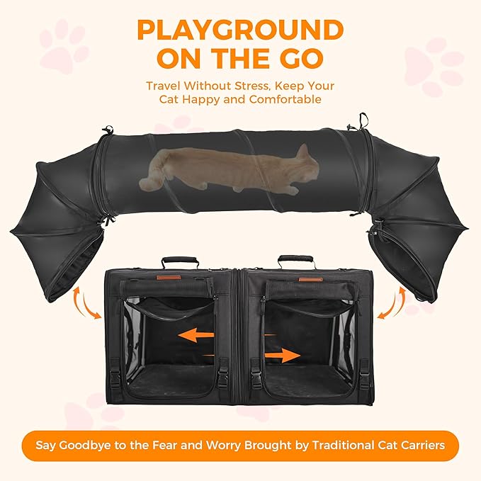 PETUX 2-in-1 Double Cat Carrier for Multiple Cats - Large Cat Travel Carrier with Litter Box, Play Tunnels, and Hammock - Portable Pet Carriers for Long Car Trips ＆ Vet Visit (34"x17"x17", Black)