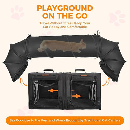 PETUX 2-in-1 Double Cat Carrier for Multiple Cats - Large Cat Travel Carrier with Litter Box, Play Tunnels, and Hammock - Portable Pet Carriers for Long Car Trips ＆ Vet Visit (34"x17"x17", Black)