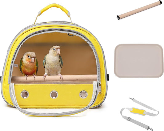 Bird Carrier,Bird Cage Parakeet Parrot Budgie Carrier Backpack for Small Birds, Travel Bird Cages with Perch, Transparent Ventilation Cockatiels, Lightweight Pet Carrier for Outdoor Use(Yellow)