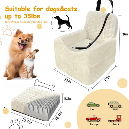Dog Car Seat for Small/Medium Dogs, Memory Foam Dog Booster Seat, Travel Safety Per Car Seat with Washable Removable Cover, Storage Pockets for Dogs up to 35 lbs (White, Small)