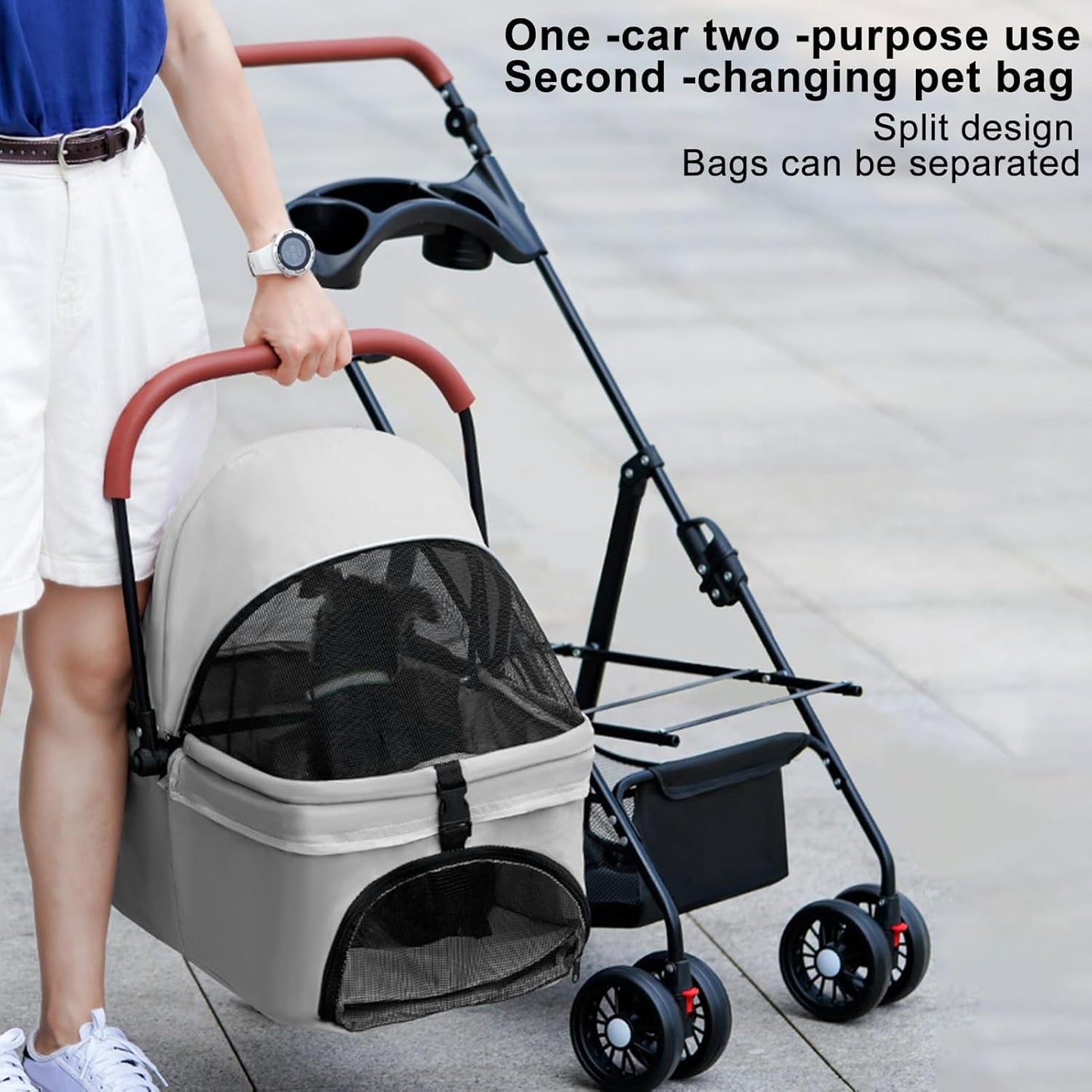 Pet Stroller Pram Dog Carrier Trailer 4 Wheels Foldable Dog with Storage Basket,Holds up to 44 lbs,Adjustable Handle,Folding Travel Stroller Suitable for Traveling with Cats and Dogs (Grey)