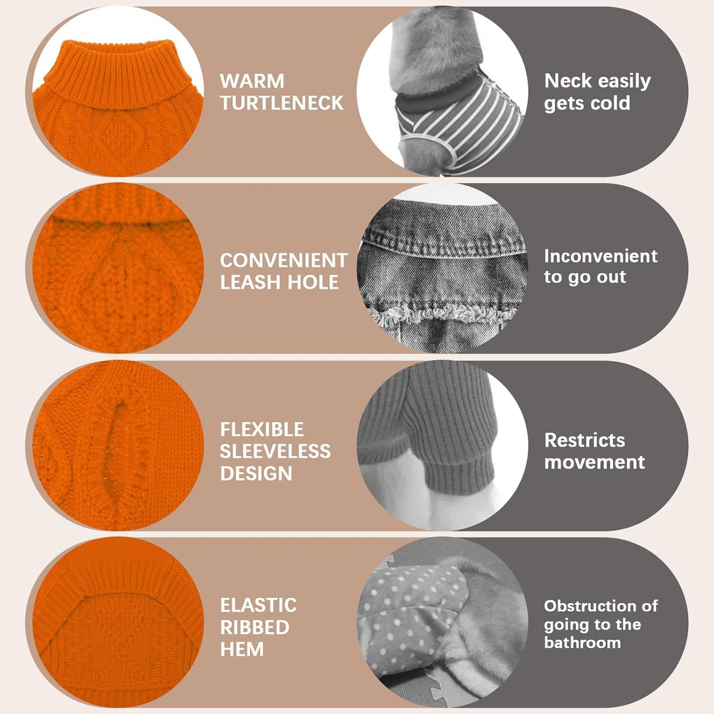 BINGPET Thermal Knitted Dog Sweater, Winter Dog Cat Coat, Warm Sweater for Small/Medium Dogs, Classic Cable Knit Turtleneck Pullover, Orange Acrylic