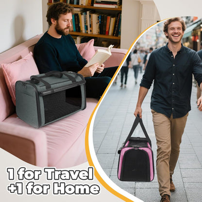 YUDODO 2 Packs 25 lbs Lightproof Soft Sided Cat Carrier for Large Cat & Small Dog Airline Approved Travel Puppy Carriers with Side Pockets & Reflective Mesh, Foldable Portable for Car Grey Green+Pink