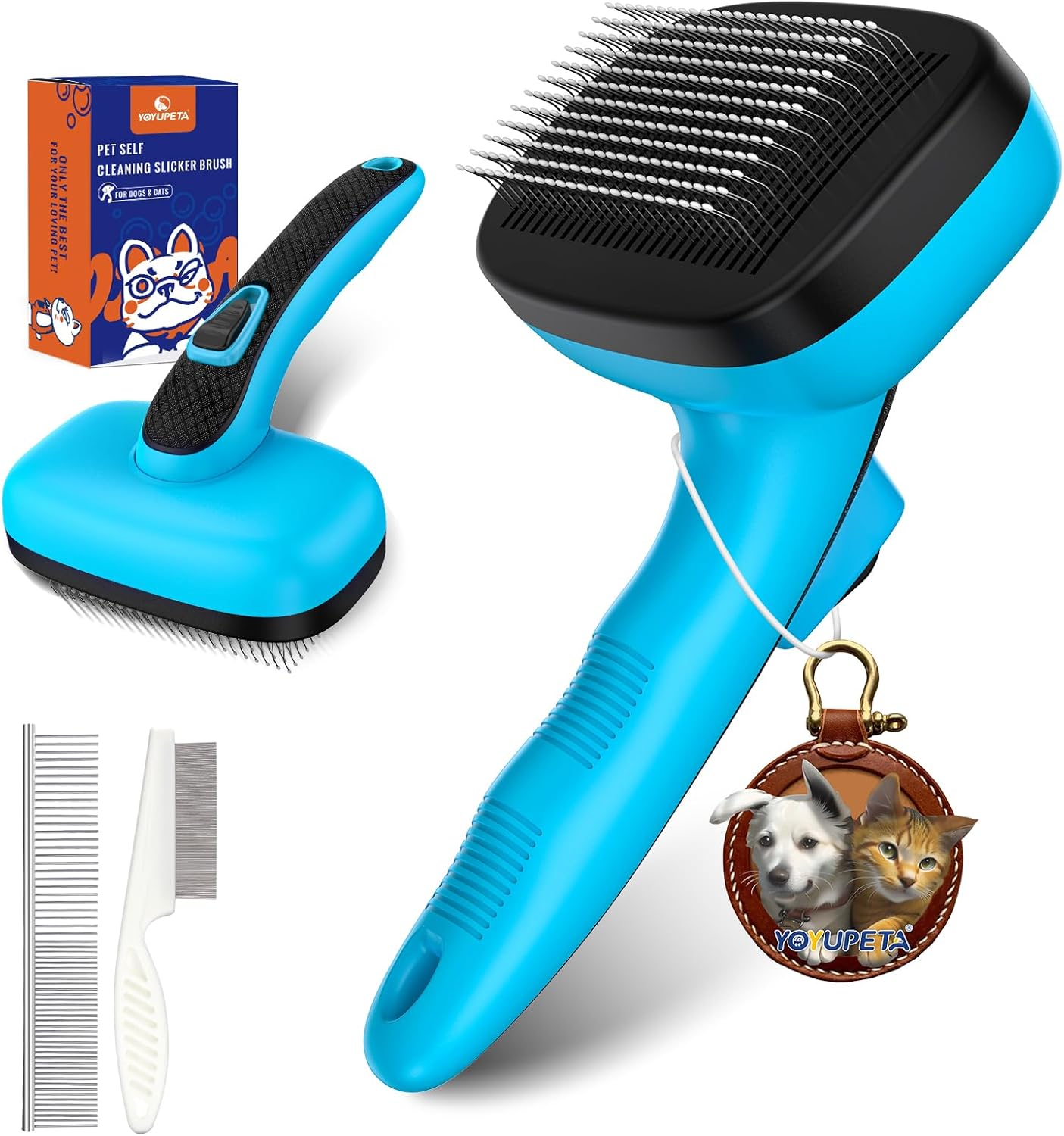 3 PCS Dog Grooming Brush Kit – Self Cleaning Slicker Brush for Shedding Short & Long Haired Dogs & Cats. Removes Loose Fur, Undercoat, Mats, Tangles for Small, Medium & Large Pets. Blue