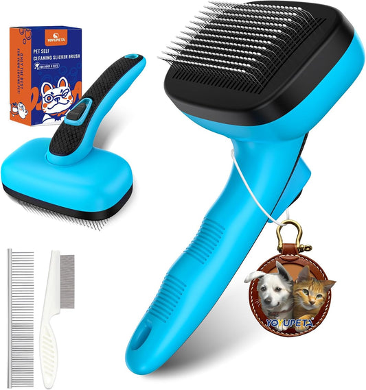 3 PCS Dog Grooming Brush Kit – Self Cleaning Slicker Brush for Shedding Short & Long Haired Dogs & Cats. Removes Loose Fur, Undercoat, Mats, Tangles for Small, Medium & Large Pets. Blue