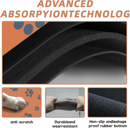 18"×30" Dog Food Mat-Absorbent Dog Mat for Food and Water, No Stains Quick Dry Cat Dog Food Bowl Mat Non Skid Dog Feeding Mat with Footprints for Messy Drinkers Orange