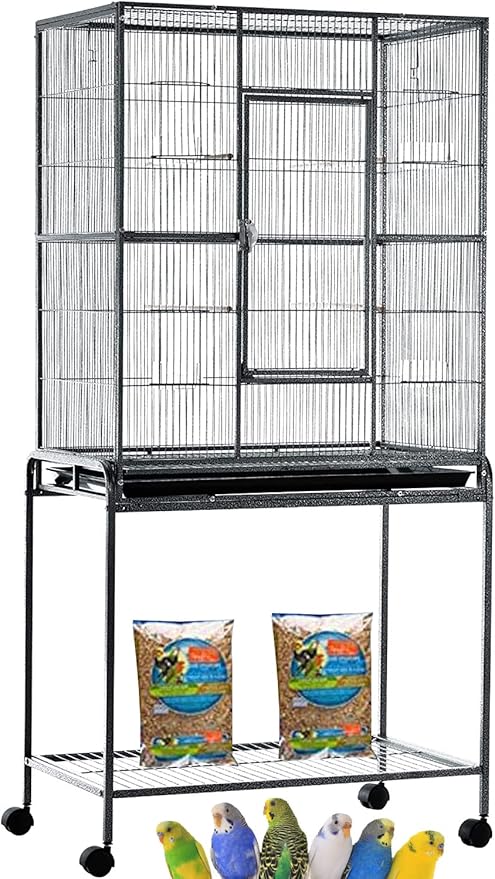 64" Extra Large Wrought Iron Side Nesting Box Doors Flight Breeding Canary Parakeet Cockatiel Lovebird Finch Bird Cage Easy Clean Pull Out Tray with Removable Rolling Stand