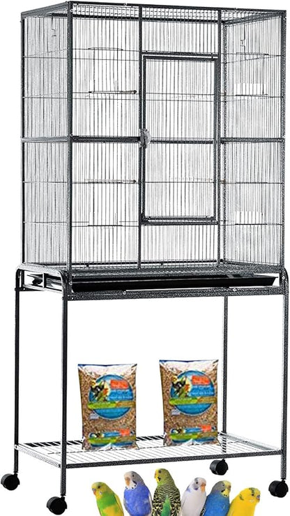 64" Extra Large Wrought Iron Side Nesting Box Doors Flight Breeding Canary Parakeet Cockatiel Lovebird Finch Bird Cage Easy Clean Pull Out Tray with Removable Rolling Stand