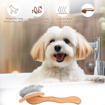 Large Dog Brush for Medium or Long Haired Dogs, Long Pin Slicker Brush for Removes Loose Hair, Tangles and Knots, Best Grooming Brush for Small Animals, Free Pet Comb, Wood