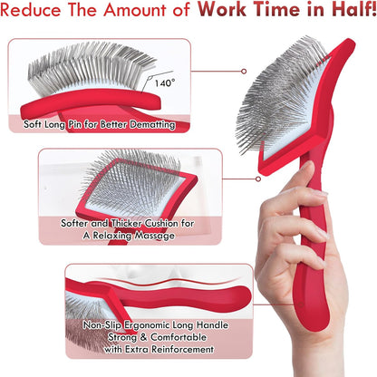 Dog Slicker Brush for Medium or Long Haired Dogs, Removes Loose Hair, Tangles and Knots, Best Grooming Brush for Small Animals, Free Pet Comb, Red