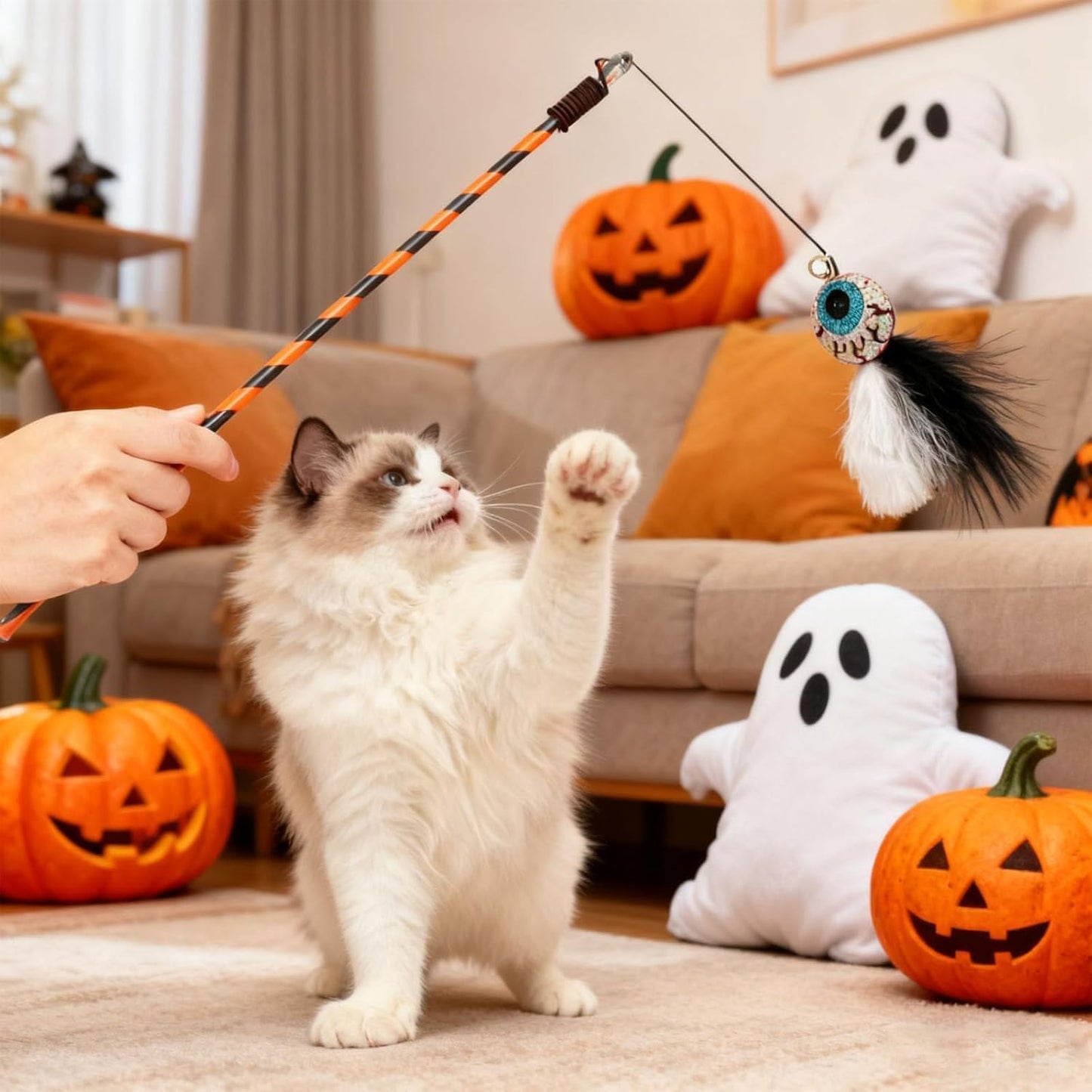 Walfront 4PCS Halloween Cat Toys, Wand Teaser Toys with Bells, Pumpkin, Ghost, Eyeball and Skull, Kitten Interactive Toys, Plush Kitten Plaything Gift Set