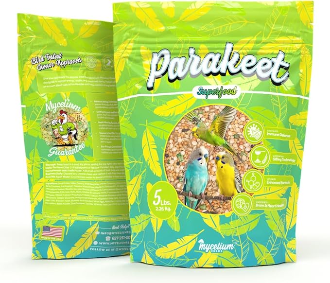 Mycelium Parakeet Superfood (5 LBS) | Organic Bird Seed for Parakeets & Small Pet Birds | Vitamin-Enhanced for Immunity, Brain & Heart Support | Non-GMO, Clean Ingredients, Made in USA