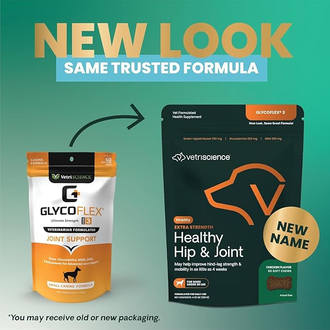 VetriScience Extra Strength Healthy Hip & Joint Chews, GlycoFlex Glucosamine and Green-Lipped Mussel Joint Support Supplement for Small Breed Dogs, Soothe Joint Discomfort, Chicken, 60 Count