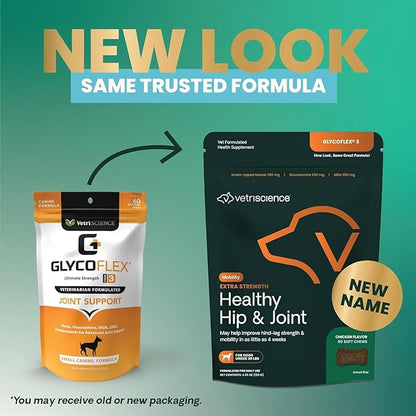 VetriScience Extra Strength Healthy Hip & Joint Chews, GlycoFlex Glucosamine and Green-Lipped Mussel Joint Support Supplement for Small Breed Dogs, Soothe Joint Discomfort, Chicken, 60 Count
