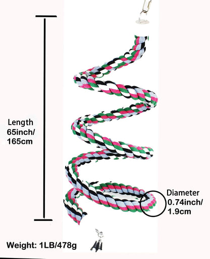 65 inch Length Colorful Cotton Bendable Rope Perch Swing Bird Chew Toys Amazon Parrots Cage Toys with Bell Swing Climbing Standing Bungee Bird Toys for Large to Regular Birds