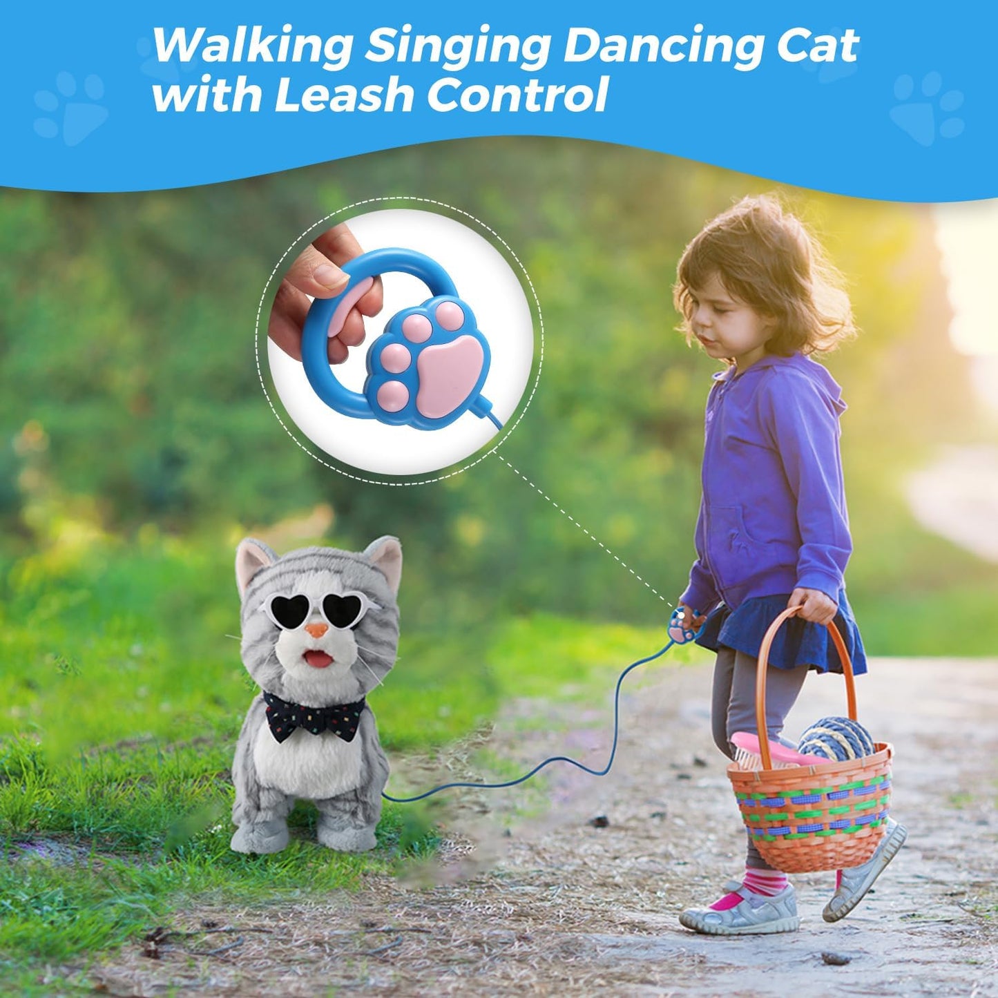 Gray Leash Walking Cat Set Toy Interactive Talking Cat Singing Dancing Kitten Mimicking Repeat What You Say Kitty Touch and Voice Control Nodding Wagging Tail Plush Electric Robot for Kid Girl