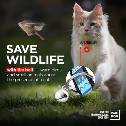 WAUDOG Nylon Cat Collar with Removable Bell and QR ID Tag for Small, Medium and Large Breeds Adjustable Long Lasting Durable Kitten Collars Boy & Girl