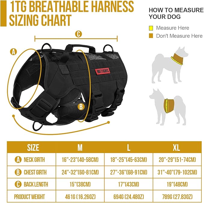 OneTigris No Pull Tactical Dog Harness for Medium Dog, Aire Mesh Dog Vest Harness, Breathable Military Dogs Molle Vests with Handles, Service Dogs Vest for Walking Hiking Training (M, Black)