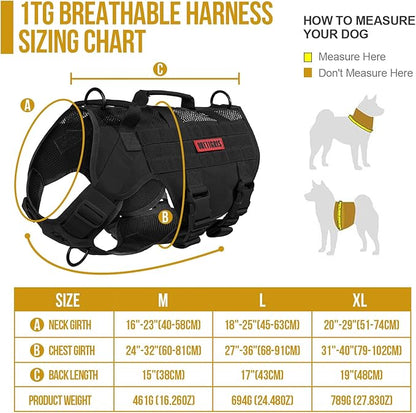 OneTigris No Pull Tactical Dog Harness for Medium Large Dogs, Mesh Design Breathable Military Dogs Molle Vests with Handles, Service Dog Vest Harness for Walking Hiking Training (XL, Black)