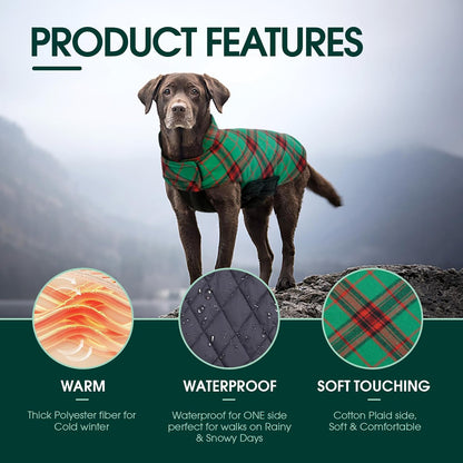 Kuoser Waterproof Dog Coat, Reversible Dog Jacket for Large Dogs, Adjustable Durable Doggie Winter Coat for Groowing Puppies Warm Puppy Cold Weather Apparel, Christmas Green L