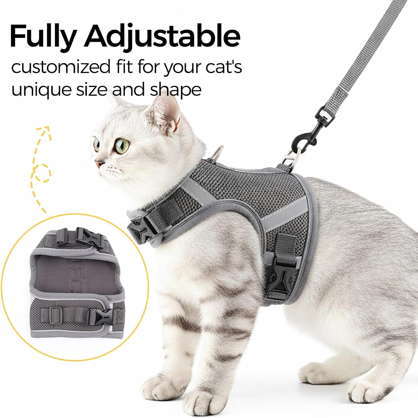Cat Harness and Leash Escape Proof Kitten Harness Cat Leash for Walking Travel Service Cat Vest, Grey, X-Large