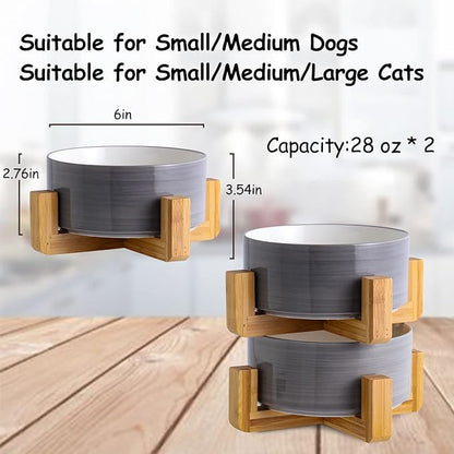 Petygooing Ceramic Cat Dog Bowl Set with Stand, Pet Food and Water Bowl,Medium Pet Dishes Anti Slip Set of 2 Cat Dog Bowls-Cute Modern Pet Food Bowls Small Medium Size (28 OZ /3.6 Cups) Grey White