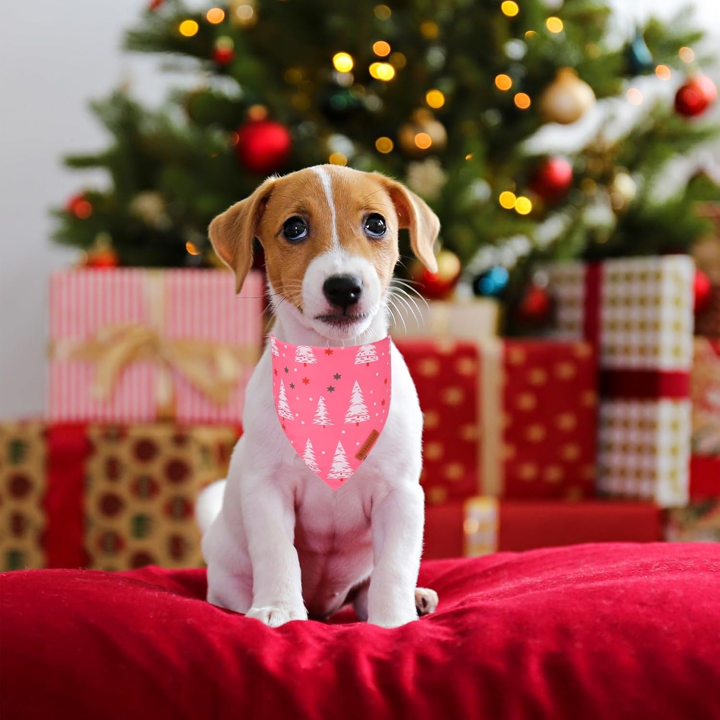 ADOGGYGO Pink Christmas Dog Bandana, Santa Xmas Tree Dog Scarf, Adjustable Fit Pink Pet Christmas Bandanas for Small Dogs Puppies (Small)