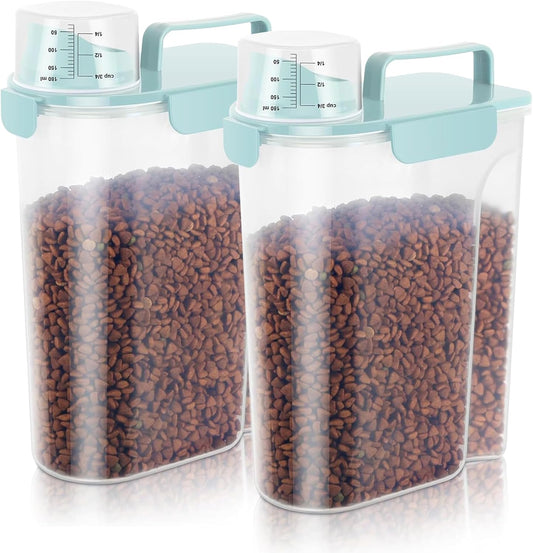 5-7LBS Dog Cat Storage Container Portable with Upgraded Large Spout and Cup, Plastic Pet Food Dispenser for Small Animal Kibble, Bird Seed, Oatmeal, Rice, Flour, Brown Sugart-2 Pack Sky Blue