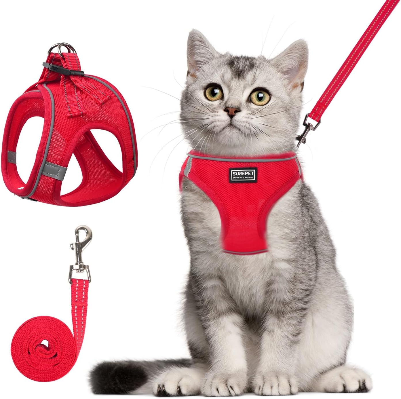 Cat Harness and Leash Set, Soft and Breathable Vest with Reflective Strip, Escape Proof Kitten Harness, Easy to Wear for Cats Walking and Traveling (Red, XXS)