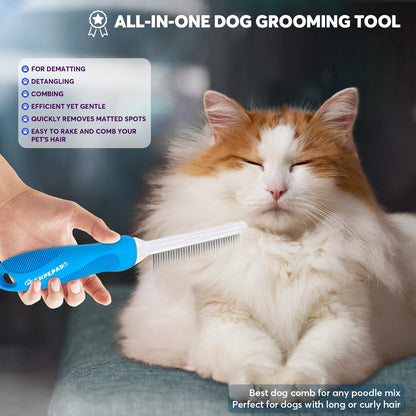 Grooming Comb for Dogs and Cats with Long & Short Stainless Steel Metal Fine Teeth for Detangling Matted Hair - Pet Detangler Comb for Removing Tangles, Knots, Loose Fur from The Undercoat