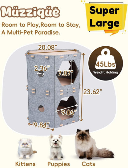 2-Storey Cat Cube, for Indoor Cats&Small Dogs, with Hair Brush, Without Tunnel, DIY Large Expandable Modular Felt Pet House, Stackable Kitten Perch Nest, Peekaboo Kitty Cave, Washable Puppy Condo Bed