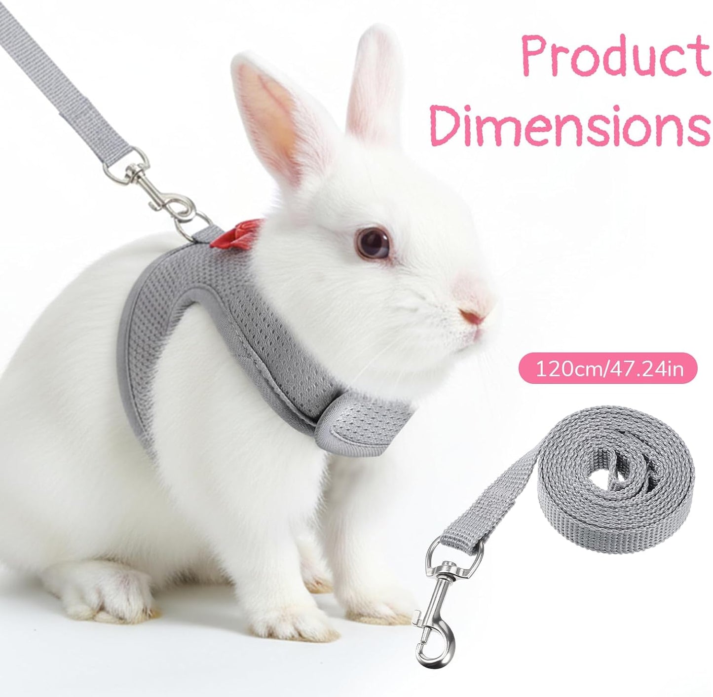 Bunny Harness and Leash Set, Cute Bow Rabbit Vest Soft Breathable Mesh Rabbit Leash and Harness Set Escape Proof Walking Gear for Rabbits, Ferrets, Kittens, Guinea Pigs, Grey M