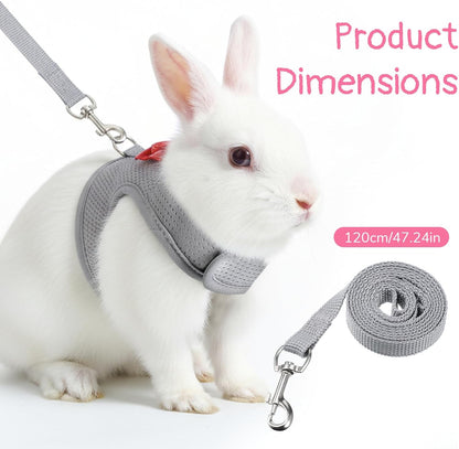 Bunny Harness and Leash Set, Cute Bow Rabbit Vest Soft Breathable Mesh Rabbit Leash and Harness Set Escape Proof Walking Gear for Rabbits, Ferrets, Kittens, Guinea Pigs, Grey M