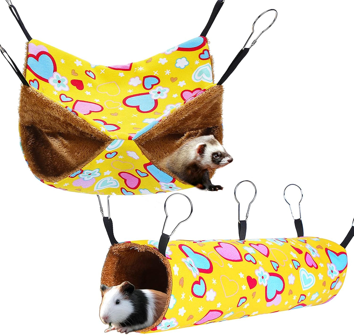 Ferret Rat Hammock Guinea Pig Hideout Toys Large Soft Small Animal Bed Sugar Glider Chinchilla Squirrel Hammock Set for Cage Accessories Pet House Hamster Hang Tunnel and Tube,2 Pack,Yellow