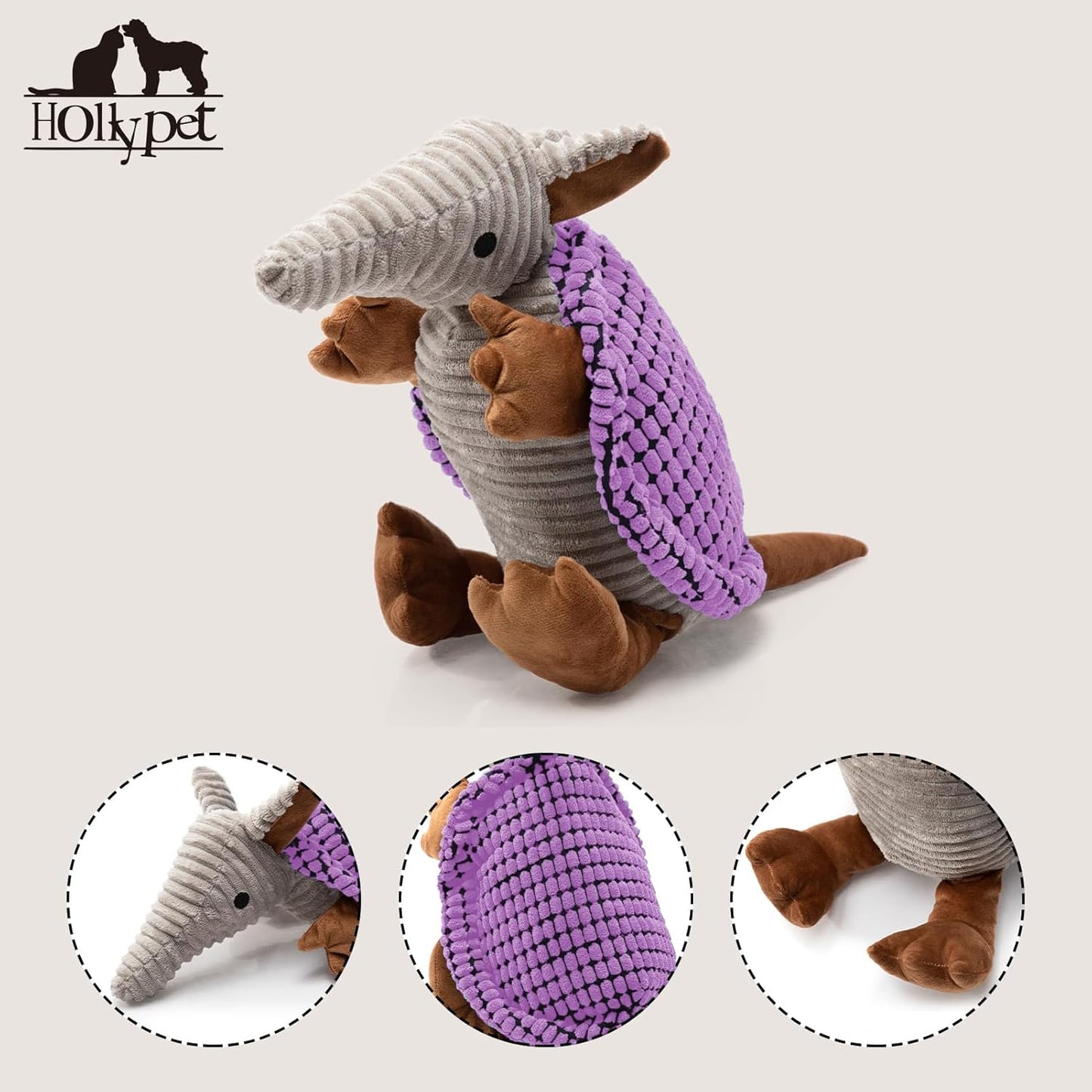 Hollypet Plush Dog Squeaky Toy Stuffed Armadillo Animal Pet Puppy Chew Toys with Clean Teeth for Small Medium Large All Breed Sizes Dogs, Purple, 10 in