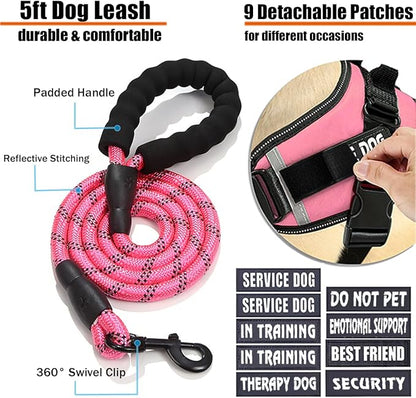 Service Dog Vest, 9 Dog Patches No Pull Dog Harness and Leash Set with Handle,Easy On and Off Pet Vest Harness with Night Safe Reflective Straps for Small Medium Large Breed Dogs