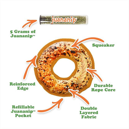 Doggijuana Tuffer Chewer Mini Plush Dog Toy | Funny Dog Toy Plush with Juananip Catnip for Dogs | Calming Aid for Dogs | Interactive Squeaky Chew Toy for Play (Bagel)