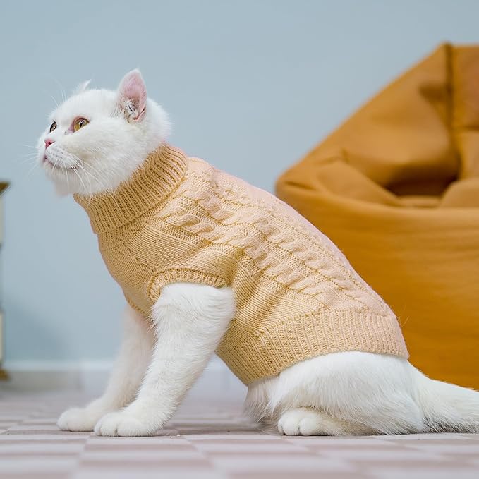 PUPTECK Winter Cat Sweater Coat - Soft Warm Cold Weather Clothes Knitwear for Kittens & Small Dogs Indoor Outdoor Wearing, Knitted Classic for Doggies Kitties Girls Boys, Beige, L
